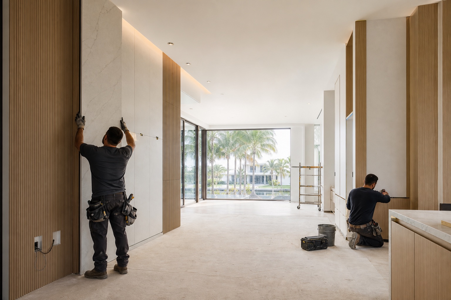 Residential remodeling professionals installing custom interior finishes